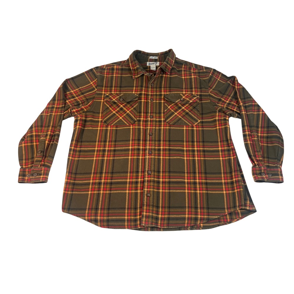 Duluth Trading Co Flannel Shirt Shacket Men 2XL Tall Olive Plaid Cotton Workwear